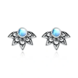 Sterling Silver Moonstone Lotus Boho Stud Earrings-0