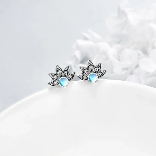 Sterling Silver Moonstone Lotus Boho Stud Earrings-2