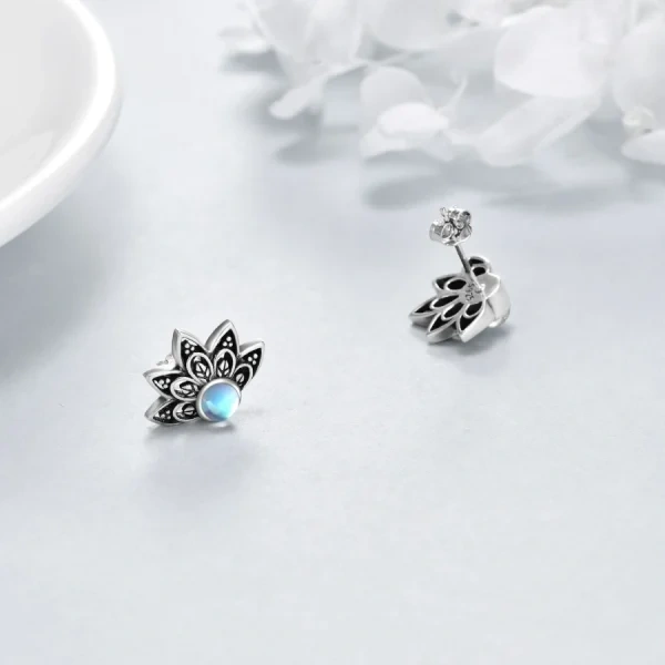 Sterling Silver Moonstone Lotus Boho Stud Earrings-3