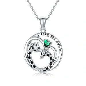 Sterling Silver Giraffe Pendant Necklace With May Birthstone-0