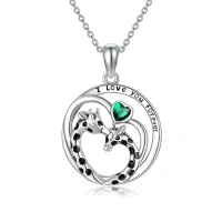wholesale 925 Sterling Silver Cubic Zirconia Heart-Shaped Giraffe Pendant Necklaces with Green Stone - I Love You Forever Engraved Mothers Day Gifts for Mom & Daughter- Two Tone