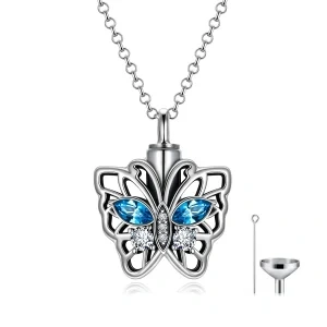 Sterling Silver Butterfly Urn Necklace With Crystal-0