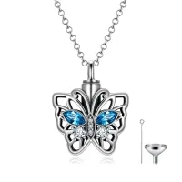 wholesale 925 Sterling Silver Blue Austrian Crystal Butterfly Cremation Urn Pendant Necklace with Funnel and Fill Tool- Rhodium Plated