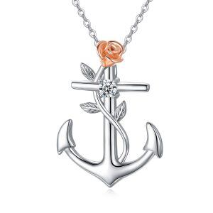 Sterling Silver Anchor Pendant Necklace With Rose Flower-0