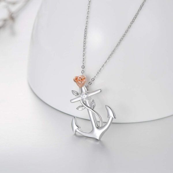 Sterling Silver Anchor Pendant Necklace With Rose Flower-3