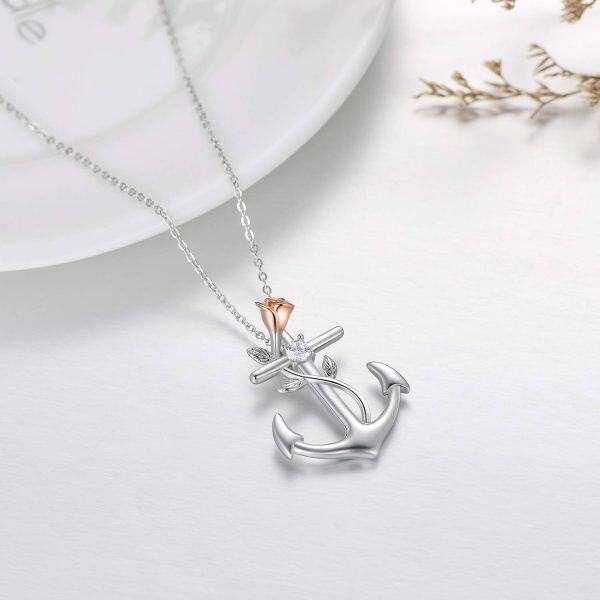 Sterling Silver Anchor Pendant Necklace With Rose Flower-4