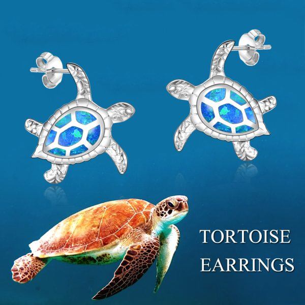 Sterling Silver Blue Opal Turtle Stud Earrings-2