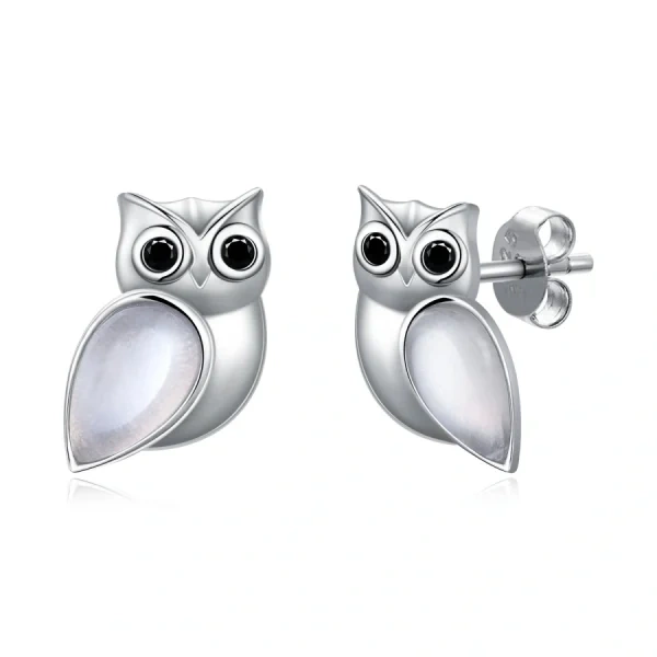 Sterling Silver Owl Moonstone Stud Earrings-0