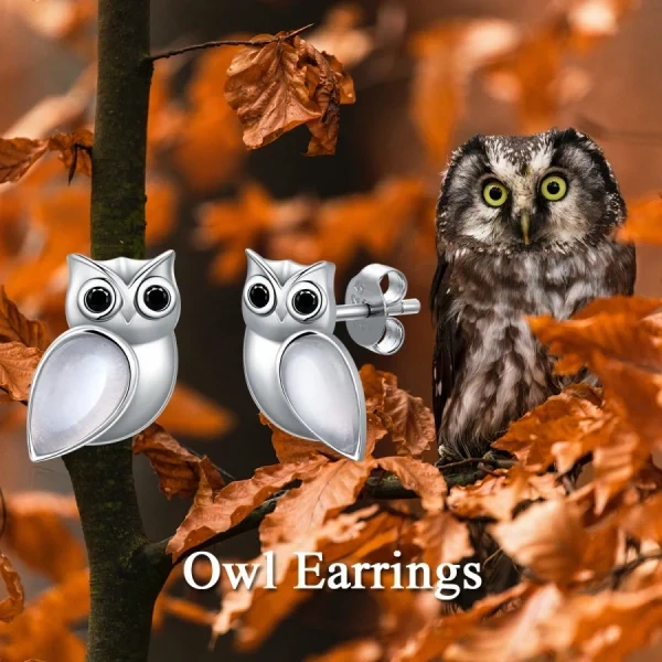 Sterling Silver Owl Moonstone Stud Earrings-2