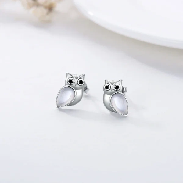 Sterling Silver Owl Moonstone Stud Earrings-4