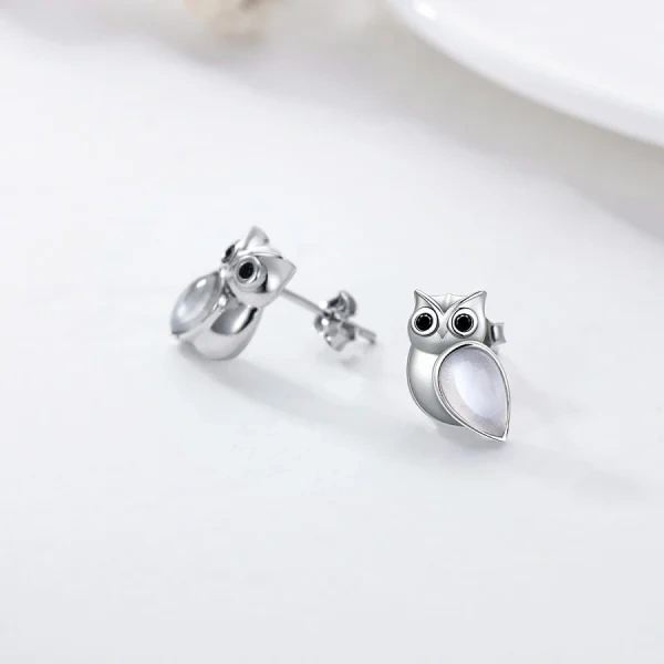 Sterling Silver Owl Moonstone Stud Earrings-5