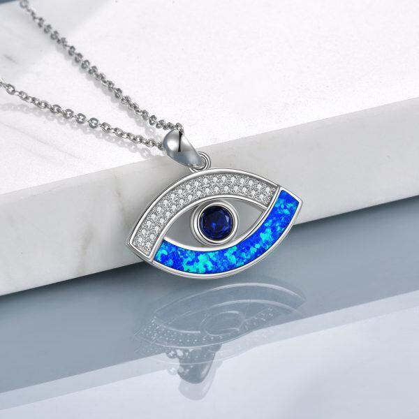 Sterling Silver Blue Opal Evil Eye Pandant Necklace-5