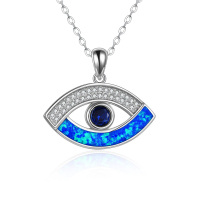 wholesale 925 Sterling Silver Blue Opal Evil Eye Pendant Necklace - Greek Protection - Rhodium Plated