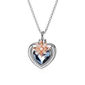 Sterling Silver Flower Heart Urn Necklace With Crystal-0