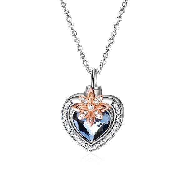 Sterling Silver Flower Heart Urn Necklace With Crystal-0