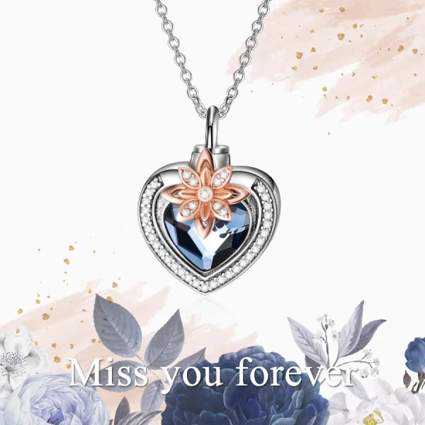 Sterling Silver Flower Heart Urn Necklace With Crystal-2