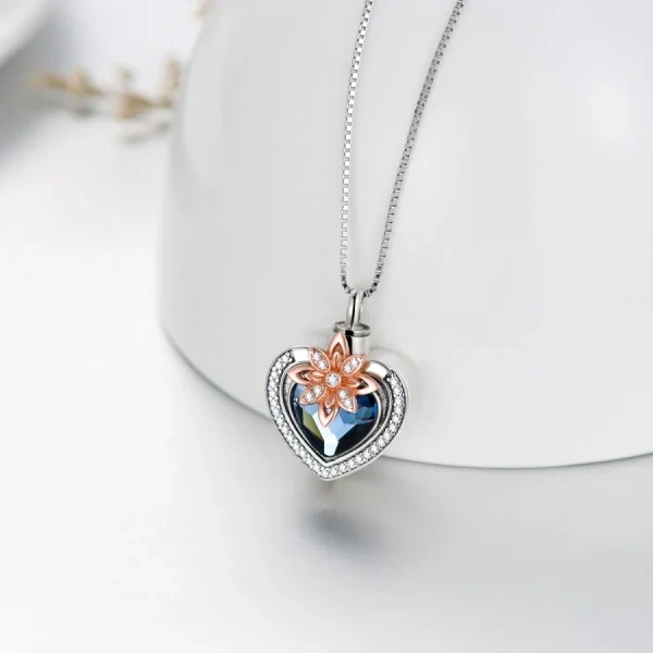 Sterling Silver Flower Heart Urn Necklace With Crystal-4