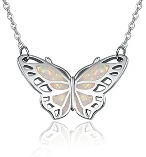 Sterling Silver Opal Butterfly Pendant Necklace-0