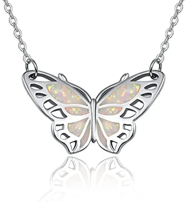 Sterling Silver Opal Butterfly Pendant Necklace-0