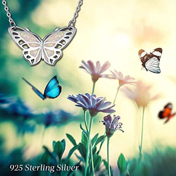 Sterling Silver Opal Butterfly Pendant Necklace-2