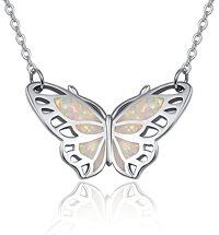 wholesale 925 Sterling Silver White Fire Opal Butterfly Pendant Necklace for Women Girls Gifts Jewelry Accessories 45cm Chain Length- Rhodium Plated