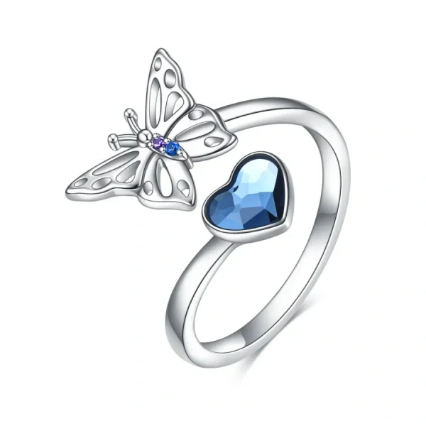 Sterling Silver Butterfly Adjustable Rings With Blue Heart Crystal-0