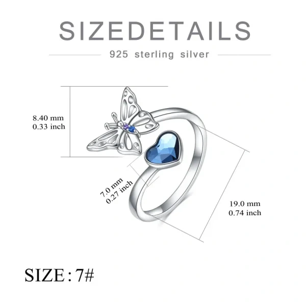 Sterling Silver Butterfly Adjustable Rings With Blue Heart Crystal-1