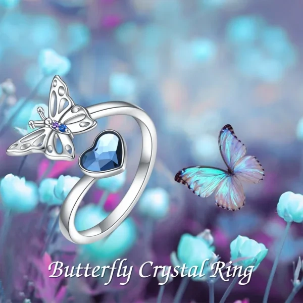 Sterling Silver Butterfly Adjustable Rings With Blue Heart Crystal-2