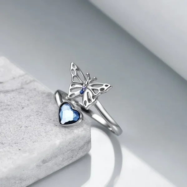 Sterling Silver Butterfly Adjustable Rings With Blue Heart Crystal-5