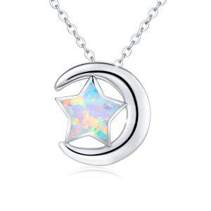 Sterling Silver Opal Crescent Star Pendant Necklace-0