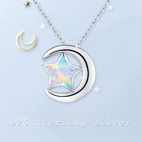 Sterling Silver Opal Crescent Star Pendant Necklace-3