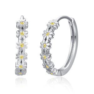 Sterling Silver Daisy Hoop Earrings With Yellow CZ-0