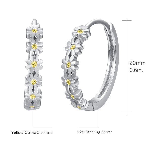 Sterling Silver Daisy Hoop Earrings With Yellow CZ-1