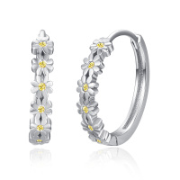 wholesale 925 Sterling Silver Daisy Hoop Earrings w/ Yellow Lucky Flowers - Trendy Fashion for Her- Rhodium Plated