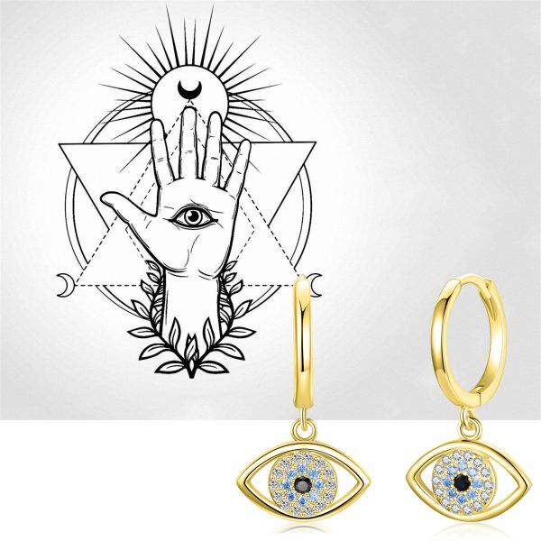 Sterling Silver With Gold Plated Evil Eye Drop Earrings-2