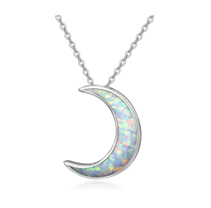 Sterling Silver Opal Moon Pendant Necklace-0