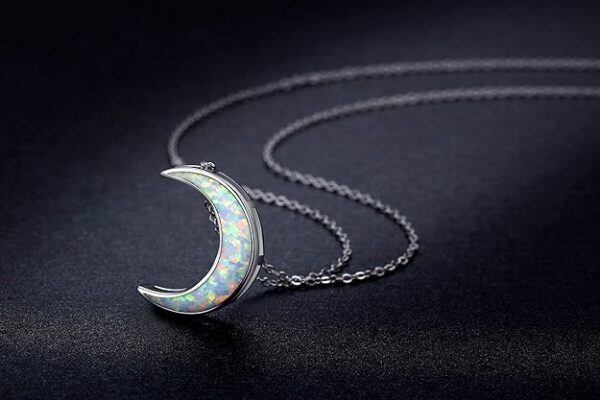 Sterling Silver Opal Moon Pendant Necklace-2