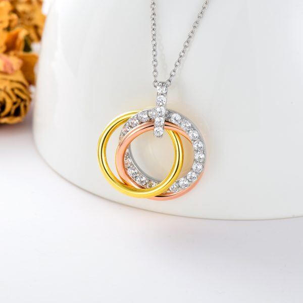 Sterling Silver Tricolor Three Generations Interlocking Pendant Necklace-4