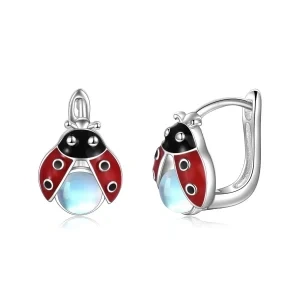 Sterling Silver Ladybug Moonstone Huggie Earrings-0