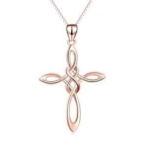 Sterling Silver With Rose Gold Plated Celtic Knot & Cross Pendant Necklace-0