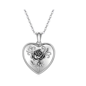 Sterling Silver Rose Flower Heart Locket Necklace -0