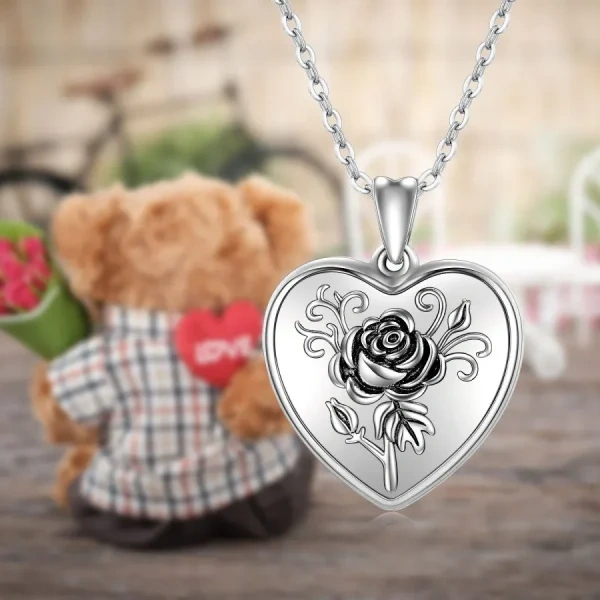 Sterling Silver Rose Flower Heart Locket Necklace -2