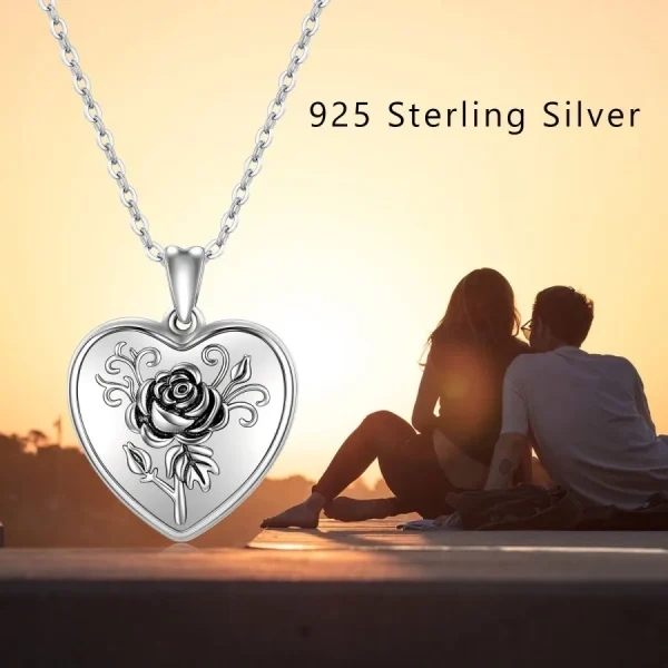 Sterling Silver Rose Flower Heart Locket Necklace -3