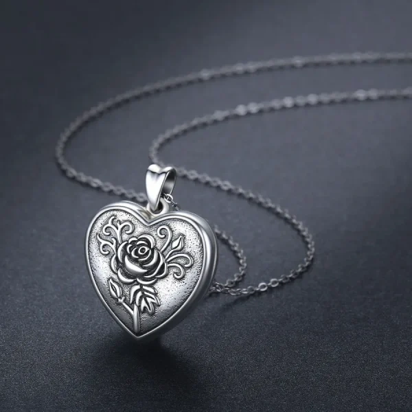 Sterling Silver Rose Flower Heart Locket Necklace -4