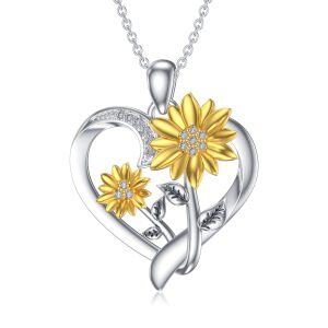 Sterling Silver Two-tone Sunflower Pendant Necklace With Diamond -0