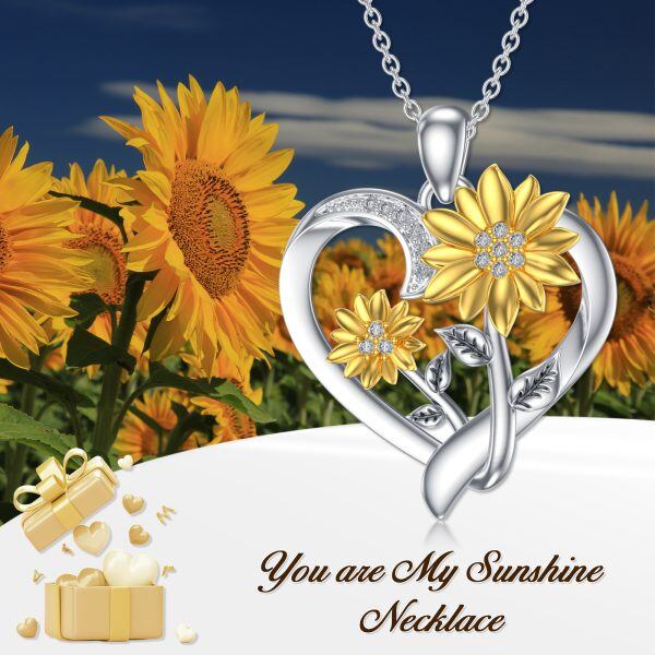 Sterling Silver Two-tone Sunflower Pendant Necklace With Diamond -2