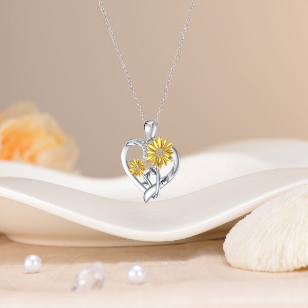 Sterling Silver Two-tone Sunflower Pendant Necklace With Diamond -4