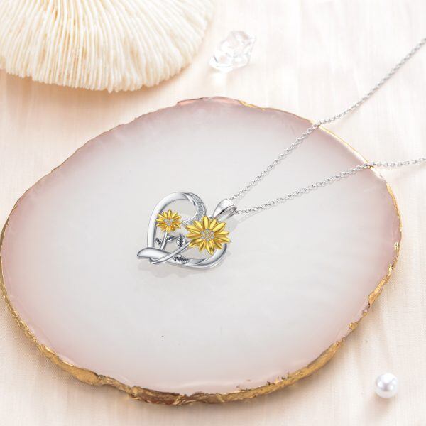 Sterling Silver Two-tone Sunflower Pendant Necklace With Diamond -5