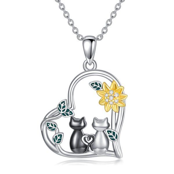 Sterling Silver Cat Heart Pendant Necklace-0