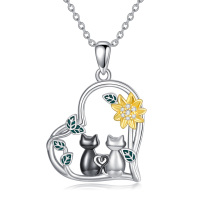 wholesale 925 Sterling Silver Cat Lover's Heart Pendant Necklace with Sunflower Charm and Leaves Design - Gifts for Her- Tri